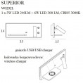 LED zidna lampa SUPERIOR W0292L, USB i bežični punjač, crna