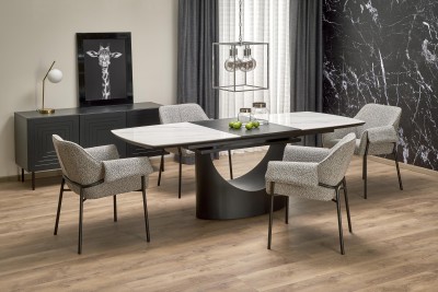 Blagovaonski stol na razvlačenje OSMAN, 160-220/90 cm, bijeli mramor/crni